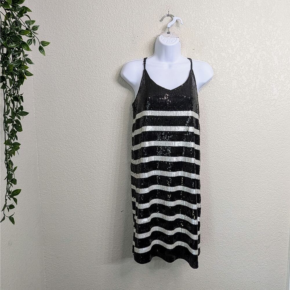 Alya Francesca's Black White Striped Sequin Mini Dress Cocktail Party Strappy S